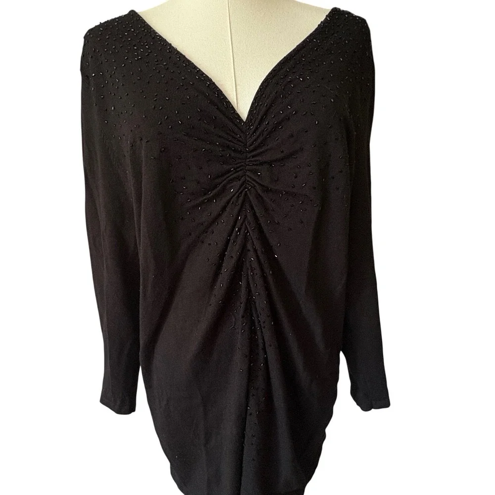 Apt 9 Woman Black Beaded Ruched V-Neck Knit Sweater Top Plus Size 1X Long Sleeve